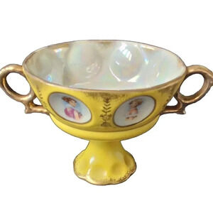 Vtg Royal Sealy China Double Handle Lady Portrait Pedestal Cup/Bowl Yellow